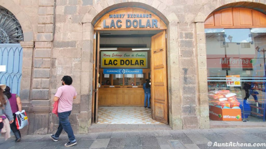 front door of money exchange LAC Dolar in Cusco Peru