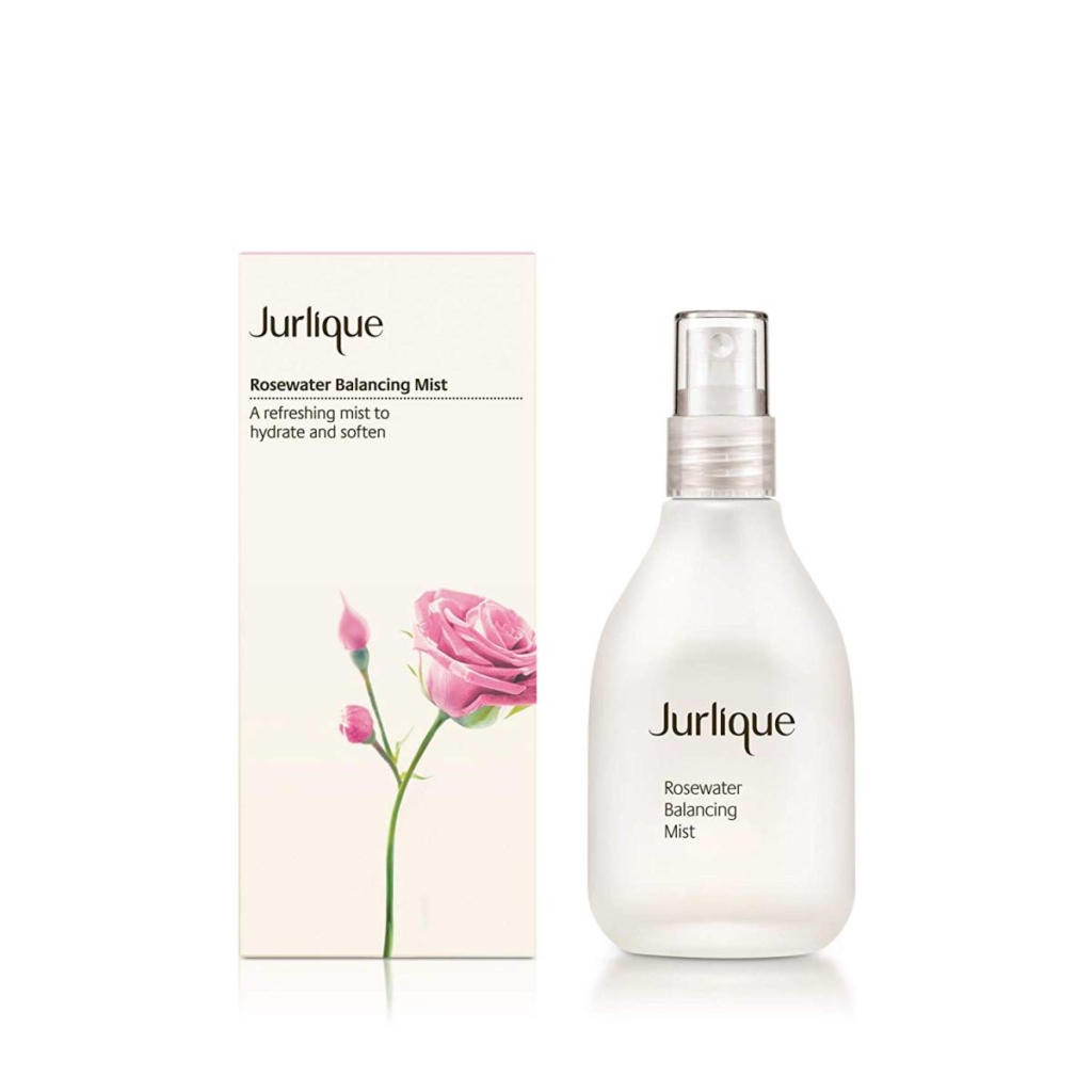white box with pink rose next to a white bottle of Jurlique rosewater spray