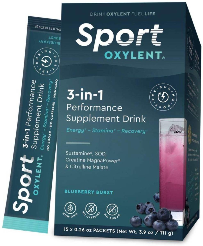 A green blue box of oxylent sport drink
