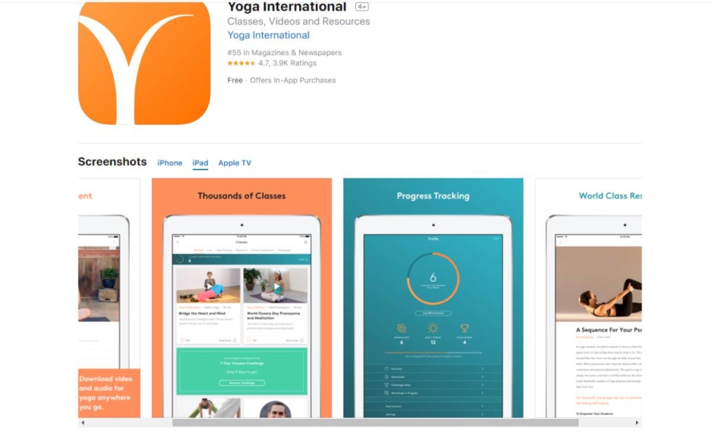 Logo for Yoga International and some of the pages of the app