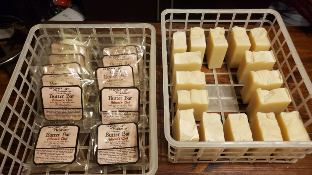 Several bars of soap and body butter from the Surly Herbalist