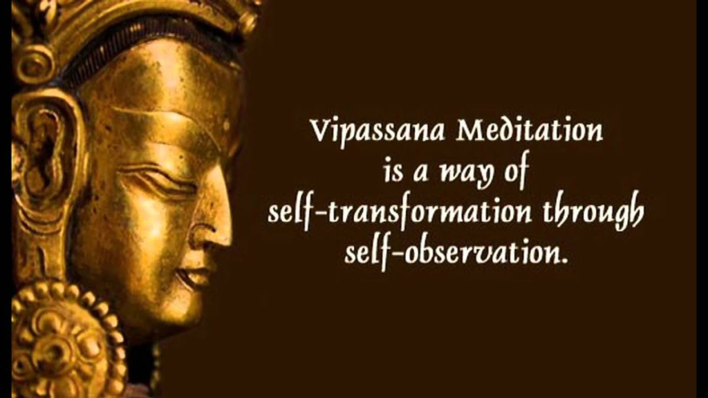 Profile of a golden Buddha with the saying next to it "Vipassana Meditation is a way of self-transformation through self observation" on a black background