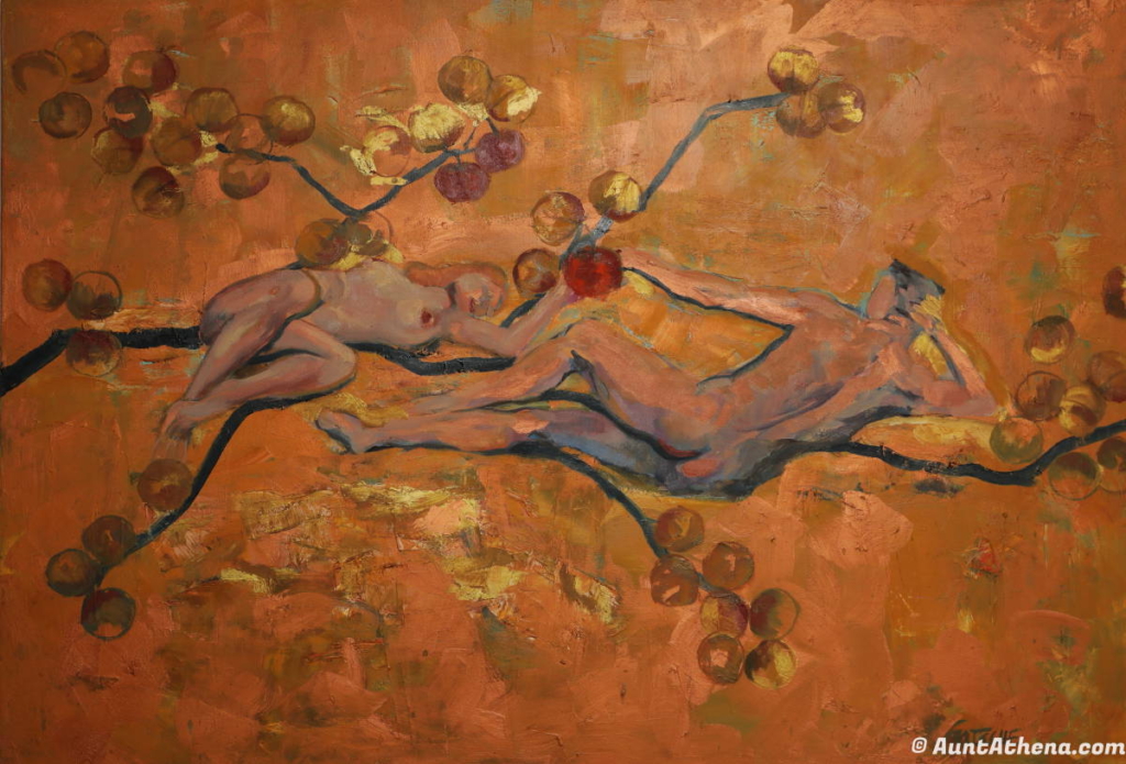 two nude figures in a painting with hues of red and gold