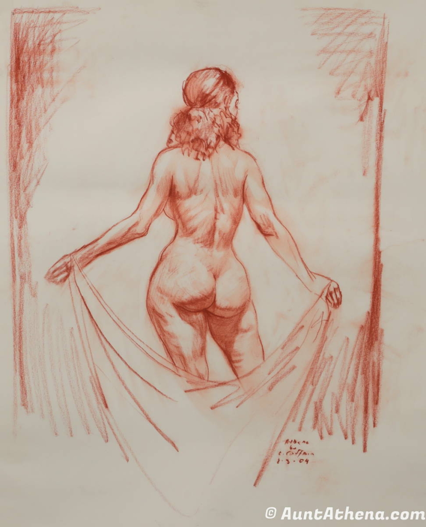 drawing of nude woman from the back with drapery